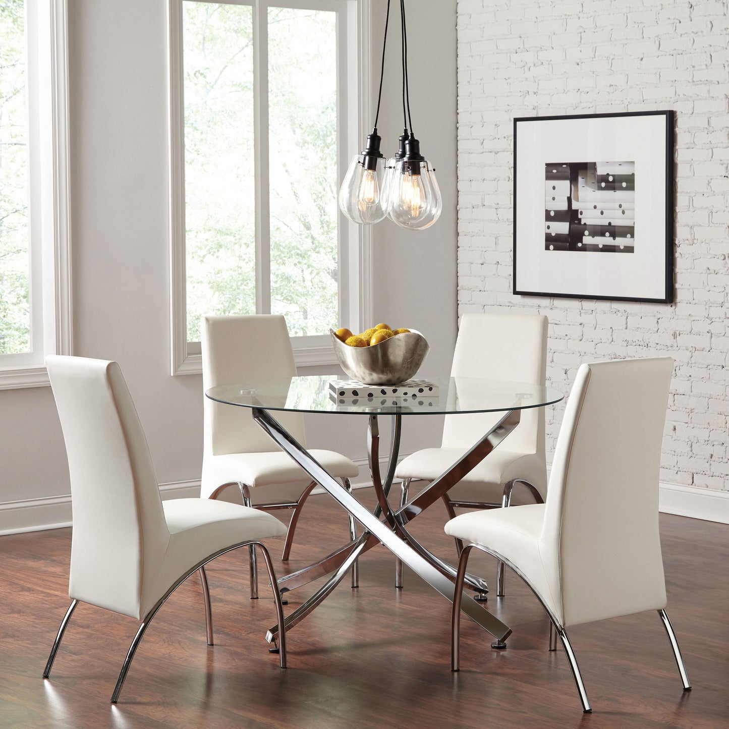 Kaelis 46” Round Glass Dining Table with Sculptural Chrome Base