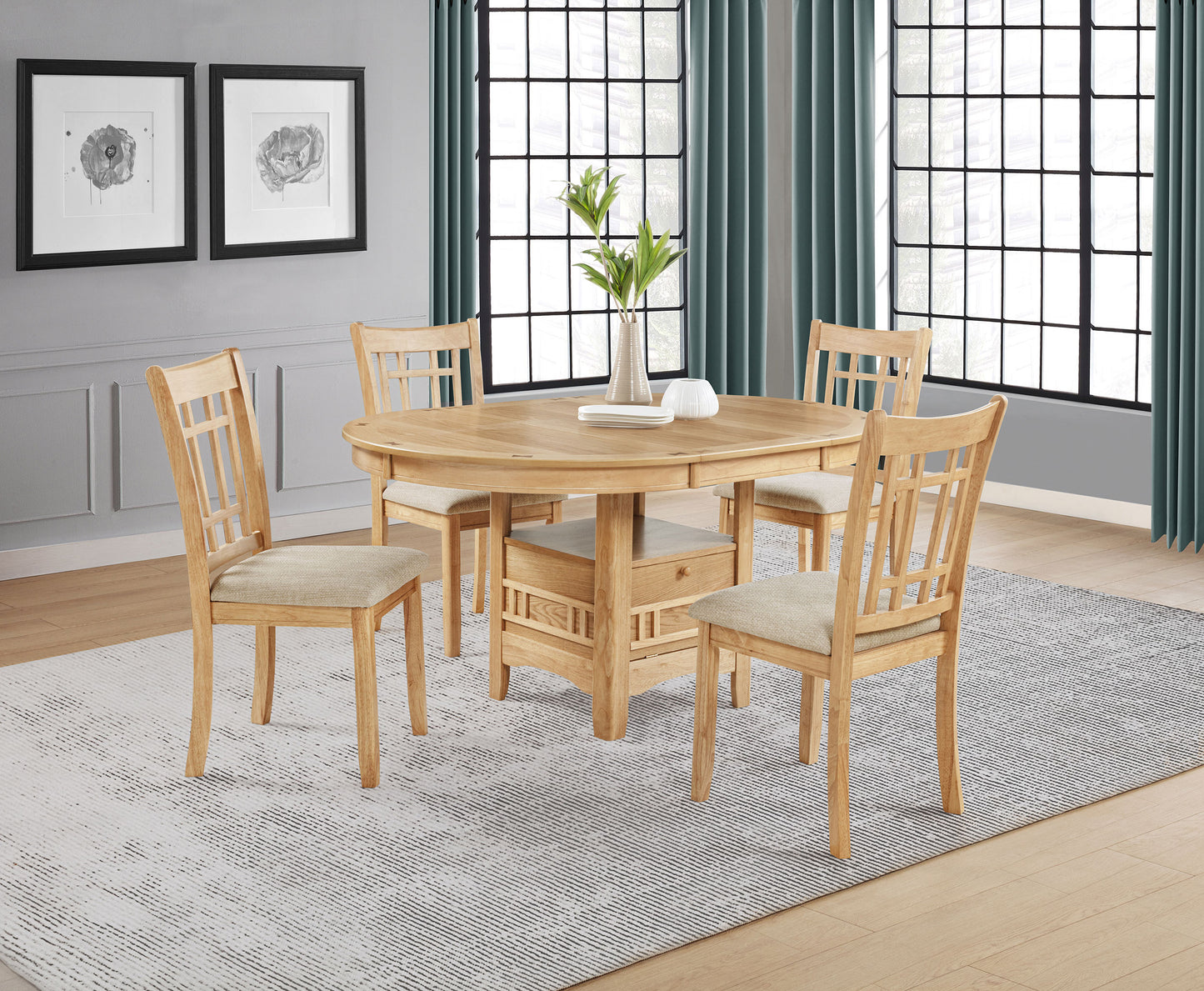 Elowen 60-inch Light Oak Oval Extension Dining Table with Storage Pedestal Base