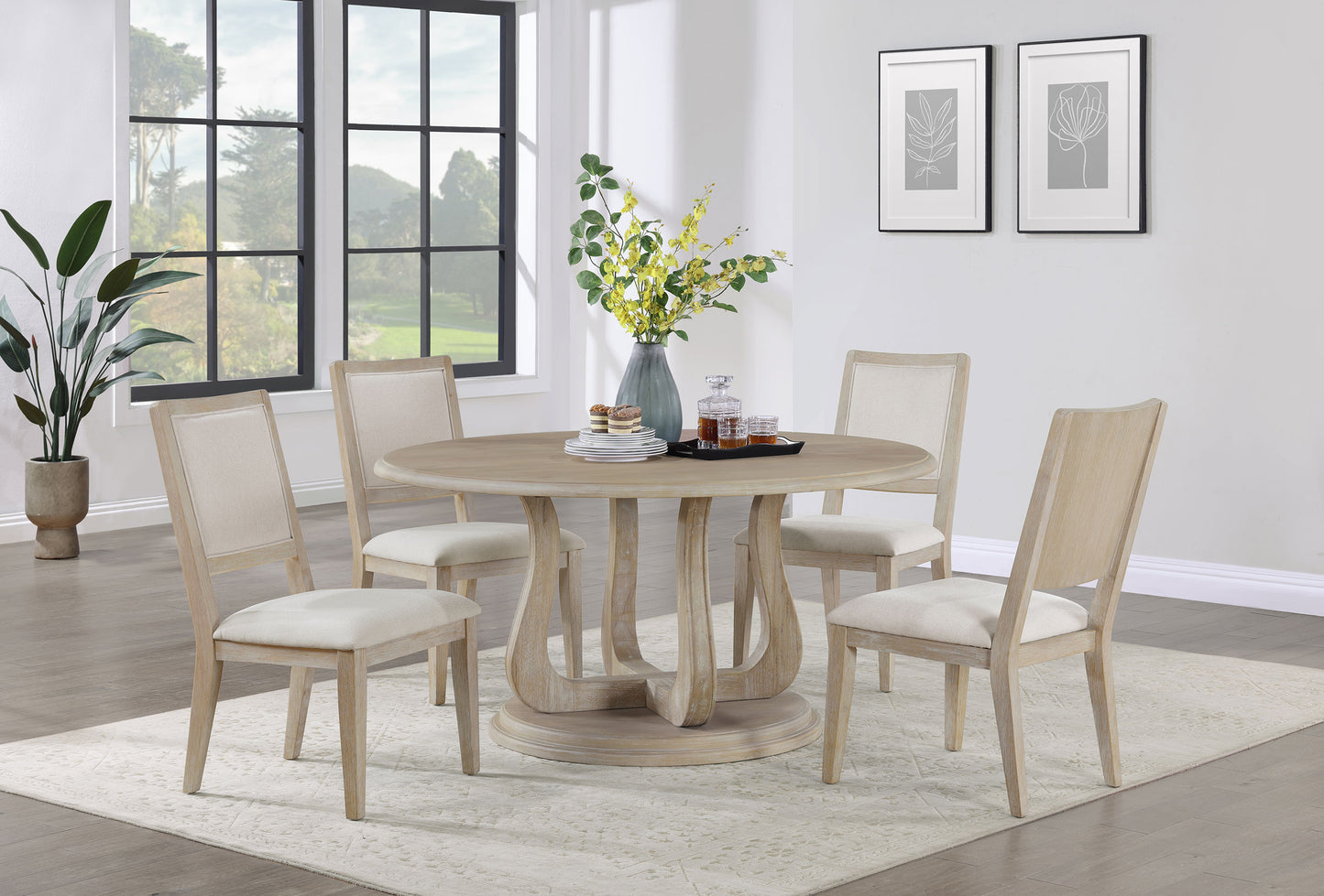 Lorien 60” Round Pedestal Dining Table in White Washed Finish