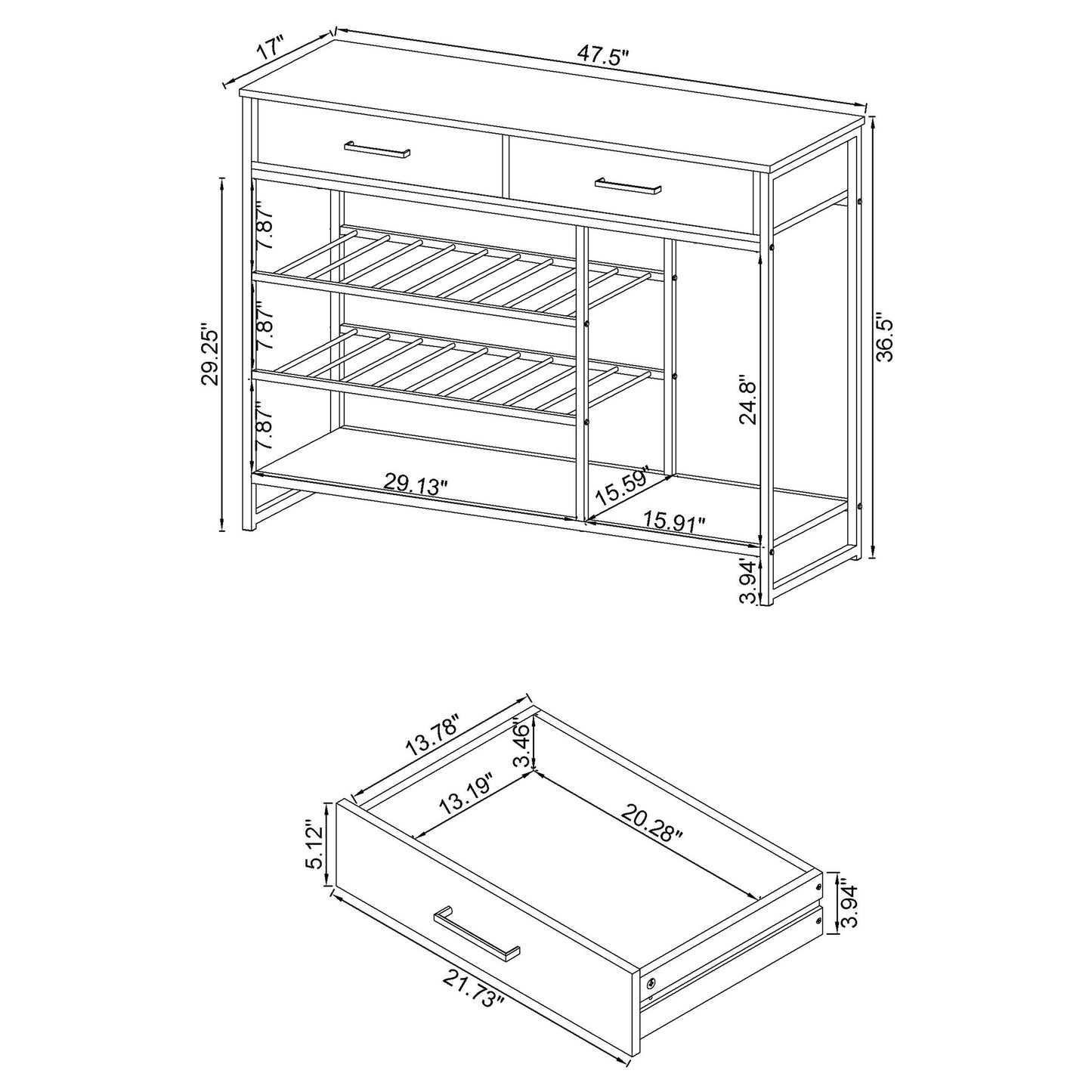 Brixton Vale 2-Drawer Bar Cabinet with Wine Storage Grey Oak