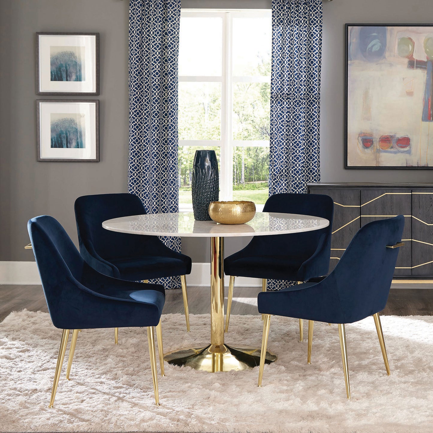 Bellamy 50” Marble Pedestal Dining Table – White & Brass