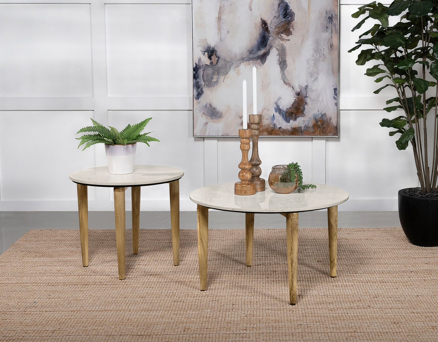 Aldis White Marble Round Coffee Table with Natural Wood Base