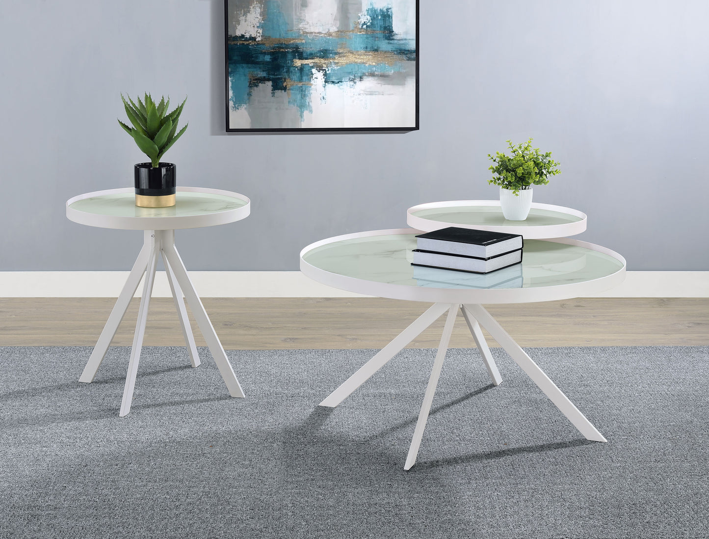 Briggs Round Marble Printed Glass Top Coffee Table – White