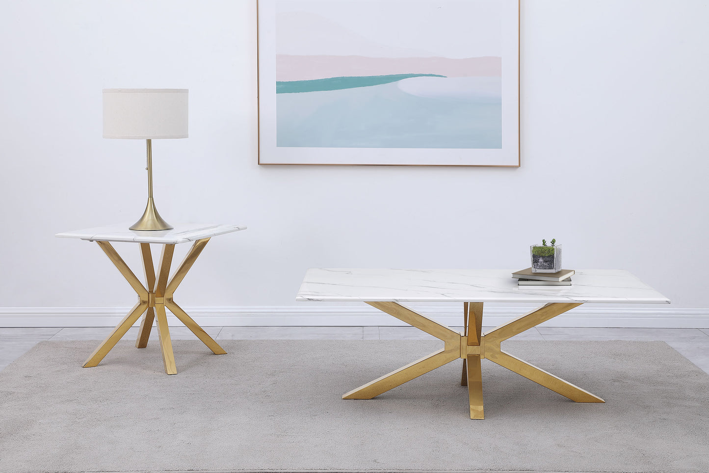 Visalia Modern Gold Coffee Table with Faux Marble Surface