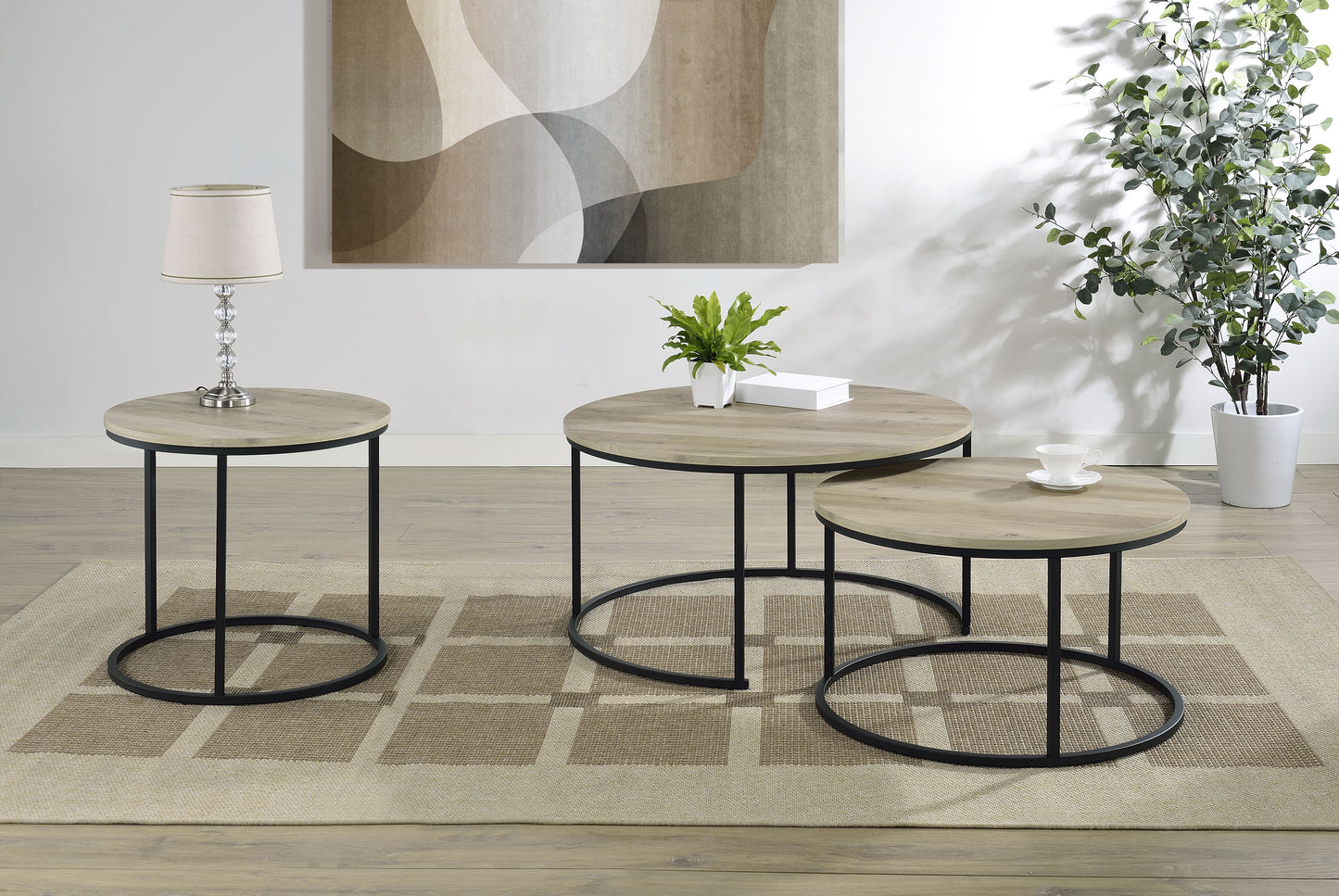 Lainey Rustic Round Nesting Coffee Table Set – Distressed Pine