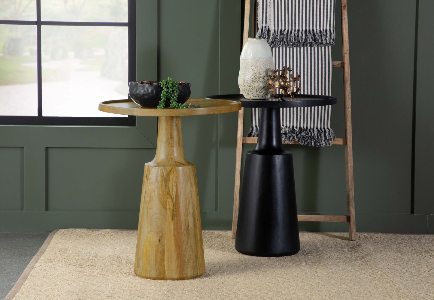Zymera Round Mango Wood Pedestal Accent Table Black Stained Finish