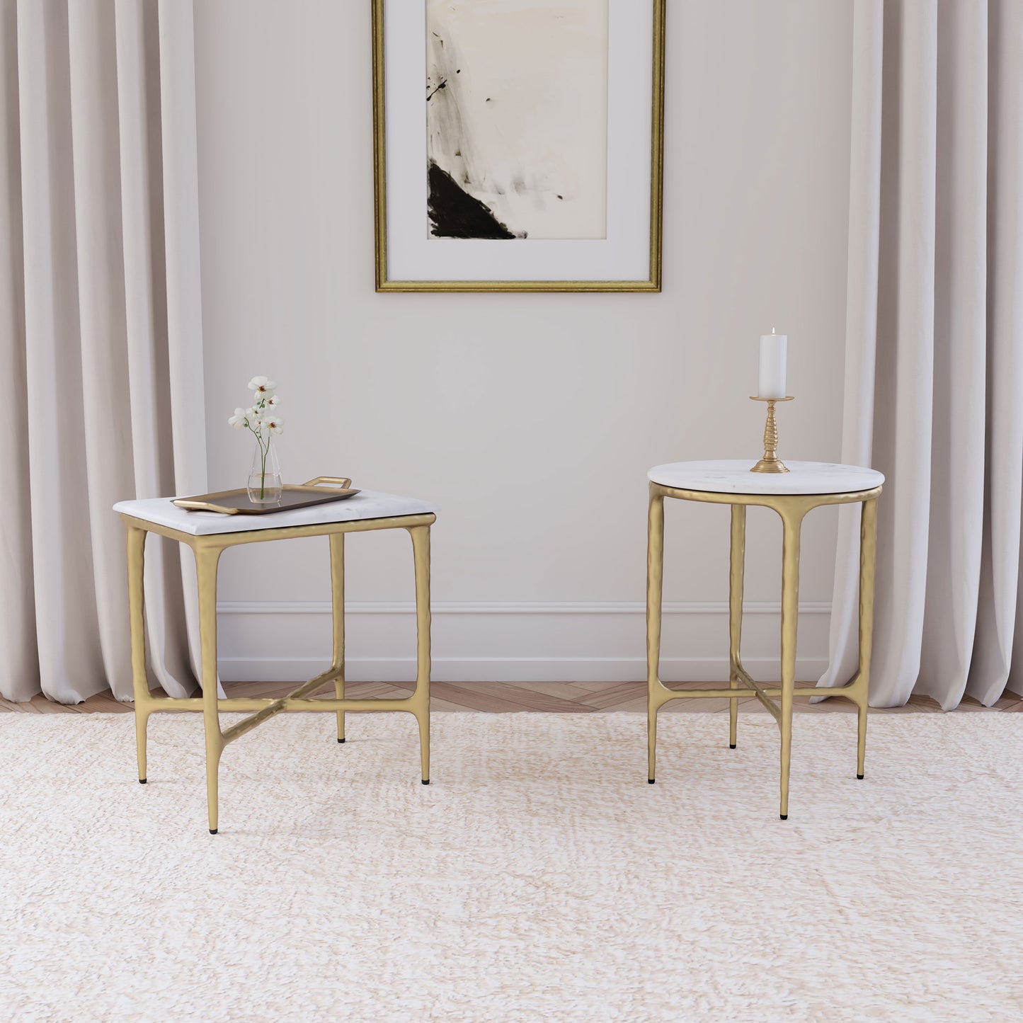 Aurvella Rectangular Marble Top Side Table White and Gold