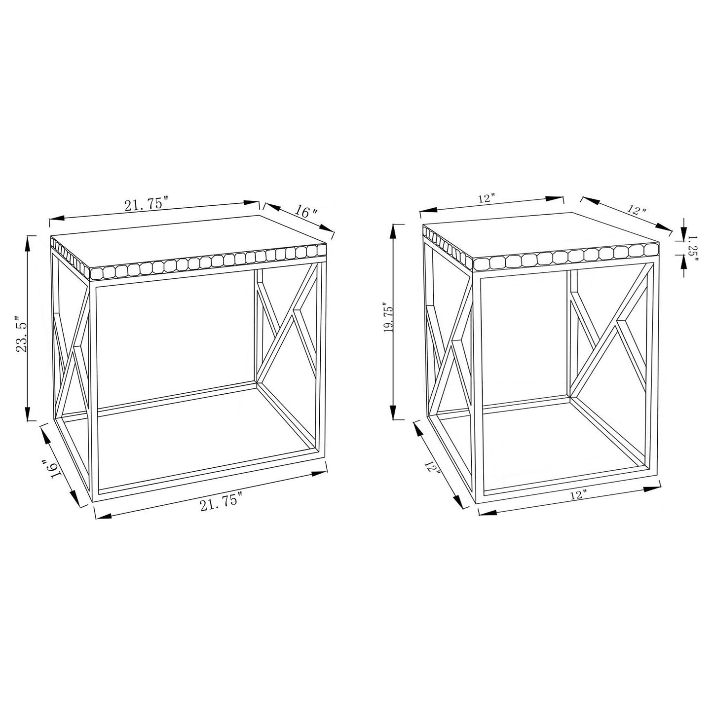 Selvoria 2-Piece Mirrored Nesting Tables with Crystal Trim Silver Stainless Steel Base
