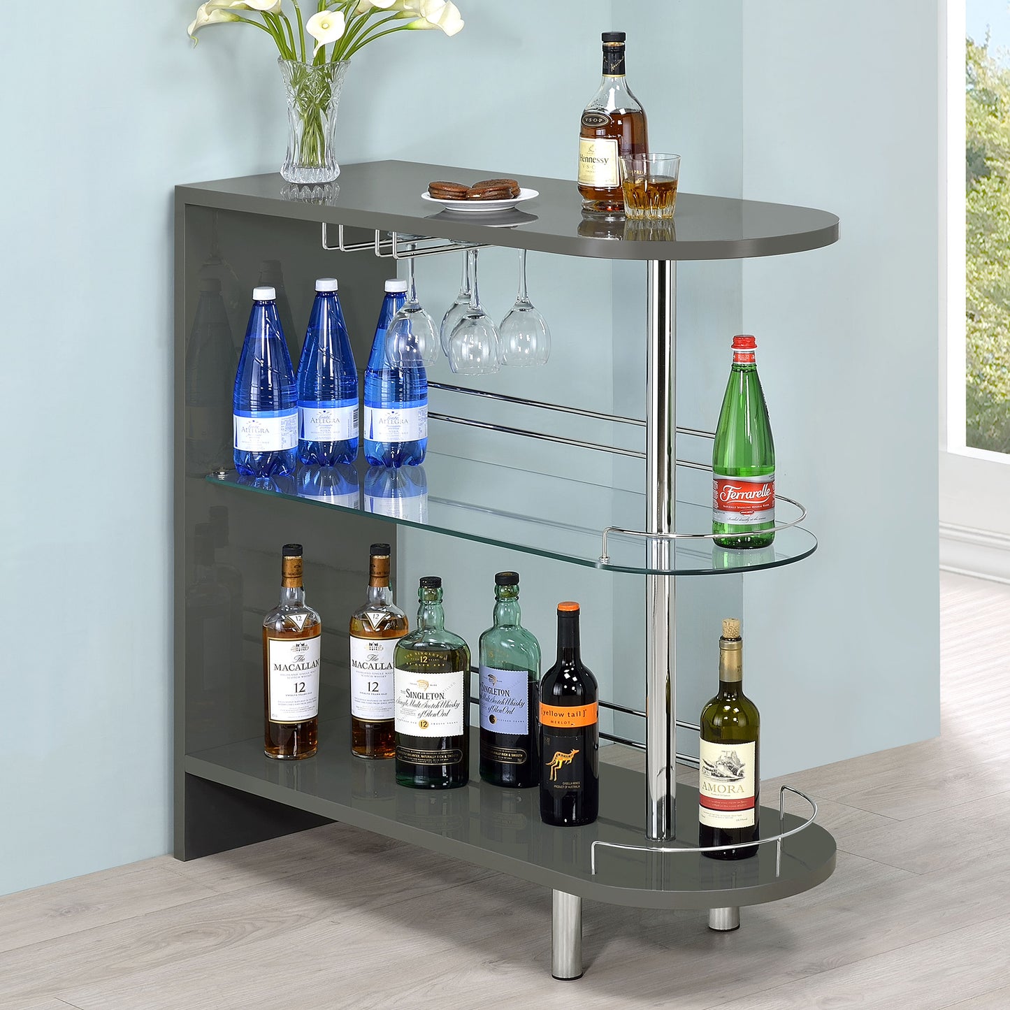 Calder 2-Tier Rectangular Home Bar Table – Grey High Gloss