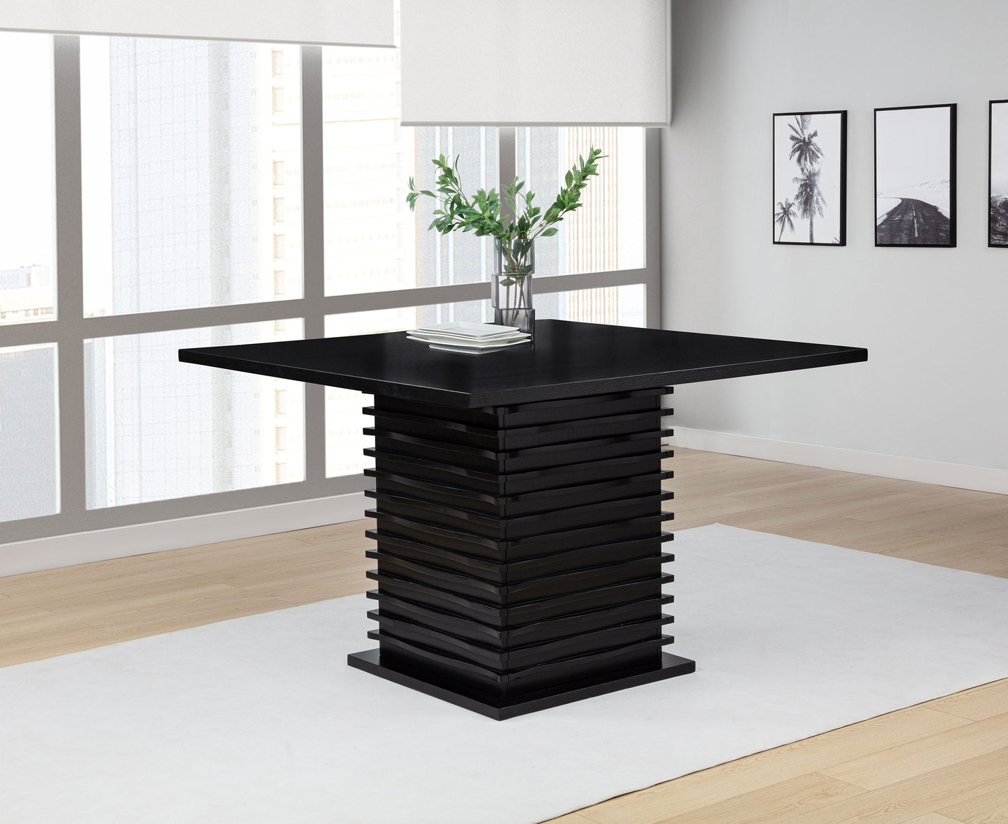 Monvero 54-inch Square Counter Height Dining Table Black with Sculptural Pedestal Base