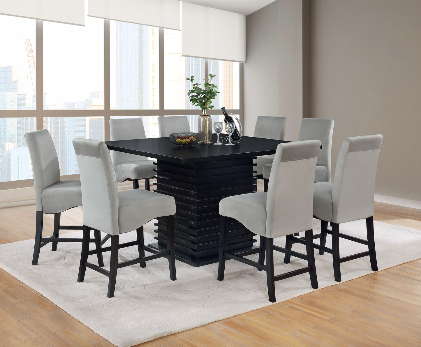 Monvero 54-inch Square Counter Height Dining Table Black with Sculptural Pedestal Base