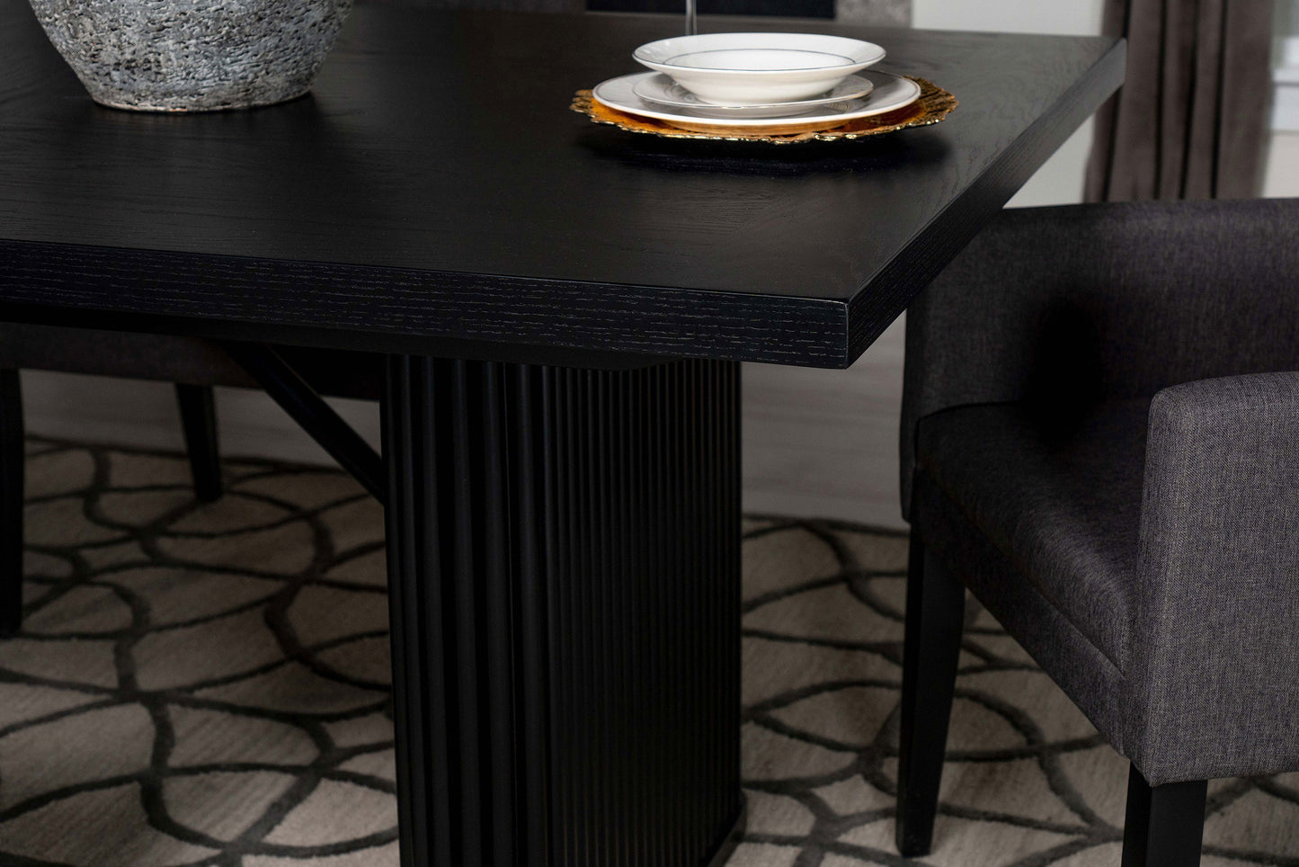 Noirva 84-inch Black Wood Dining Table with Fluted Pedestal Base