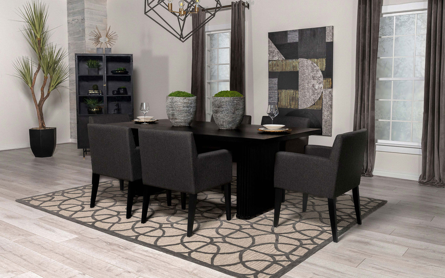 Noirva 84-inch Black Wood Dining Table with Fluted Pedestal Base