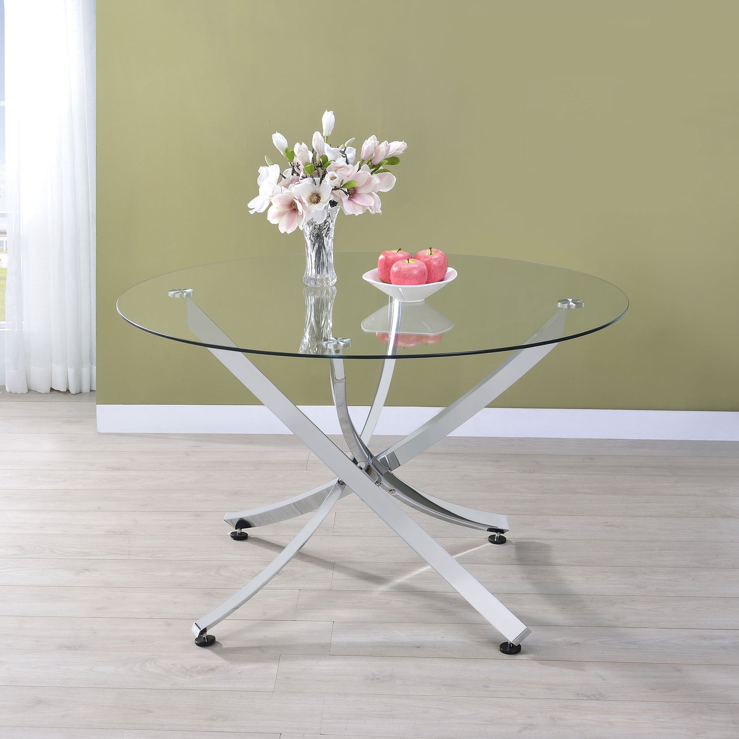 Kaelis 46” Round Glass Dining Table with Sculptural Chrome Base