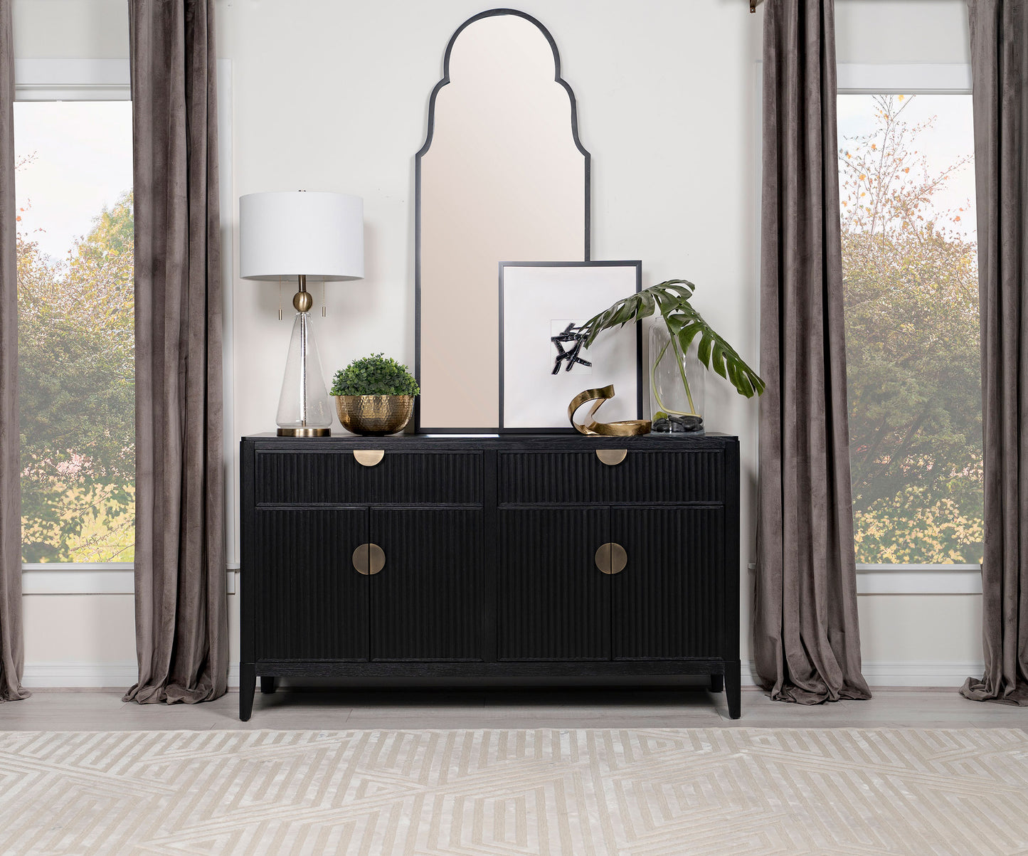 Noirvelle 4-Door Art Deco Sideboard Buffet – Black Textured Finish
