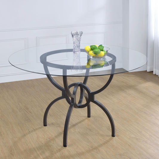Lunaro 48-inch Round Glass Dining Table with Sculptural Gunmetal Base