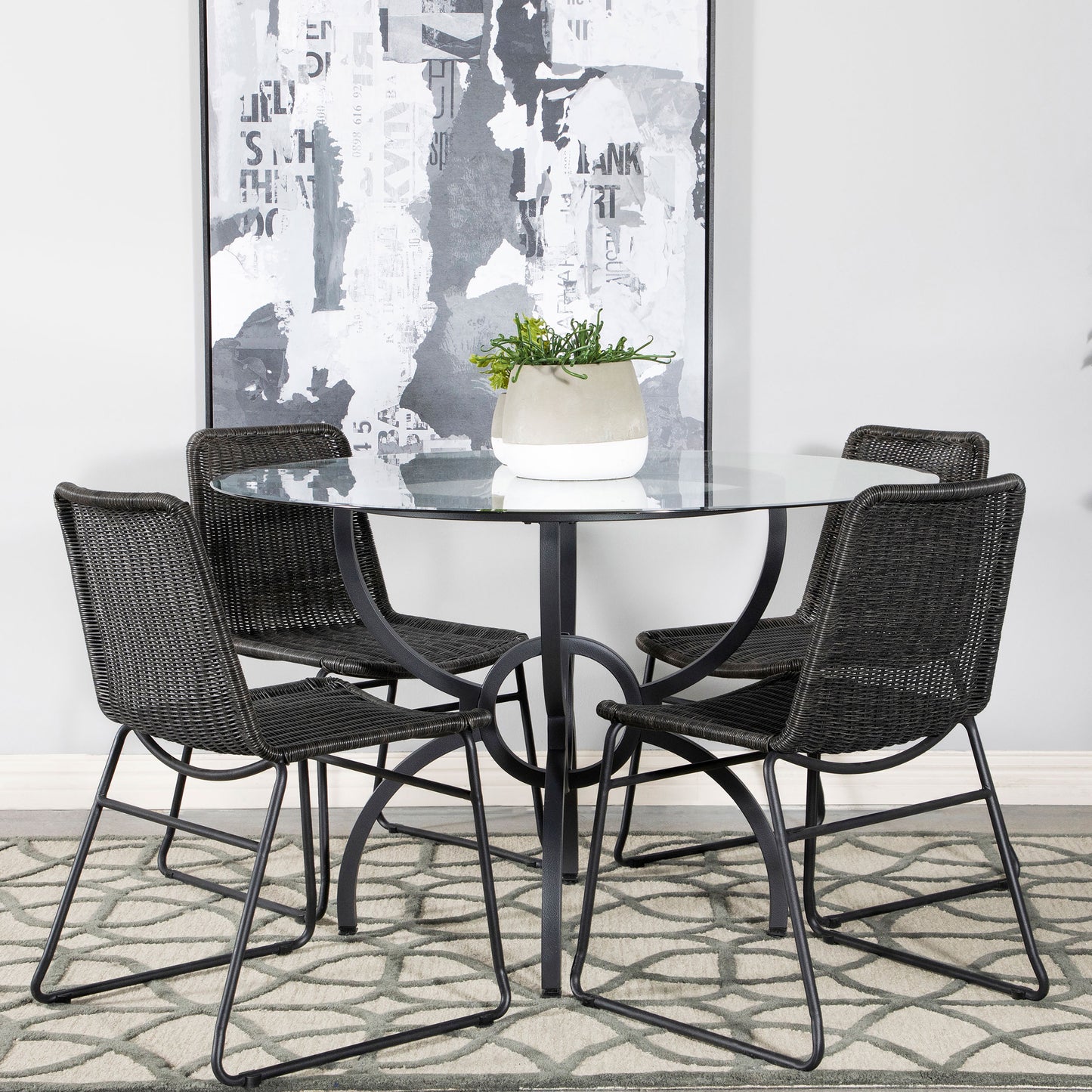 Lunaro 48-inch Round Glass Dining Table with Sculptural Gunmetal Base