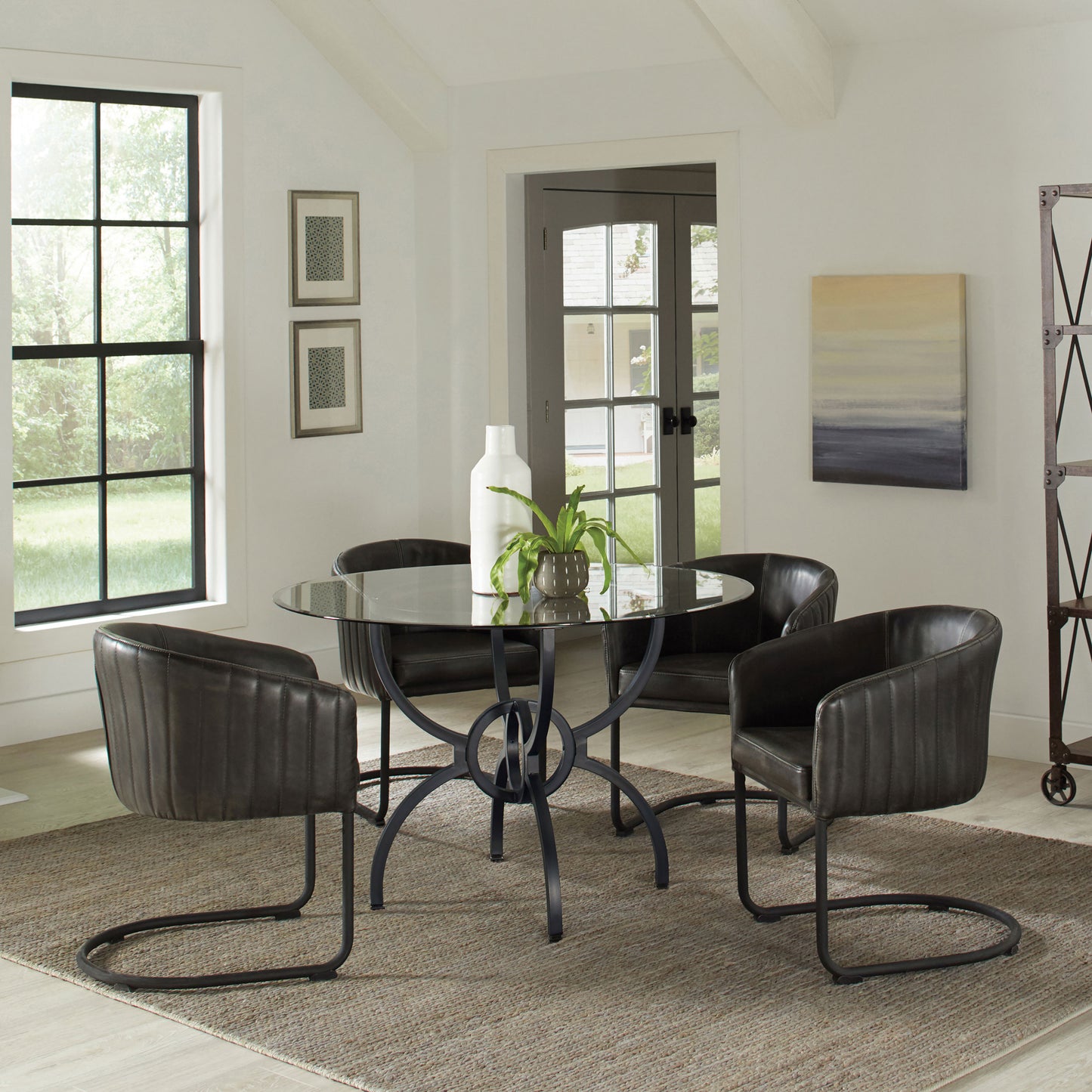 Lunaro 48-inch Round Glass Dining Table with Sculptural Gunmetal Base