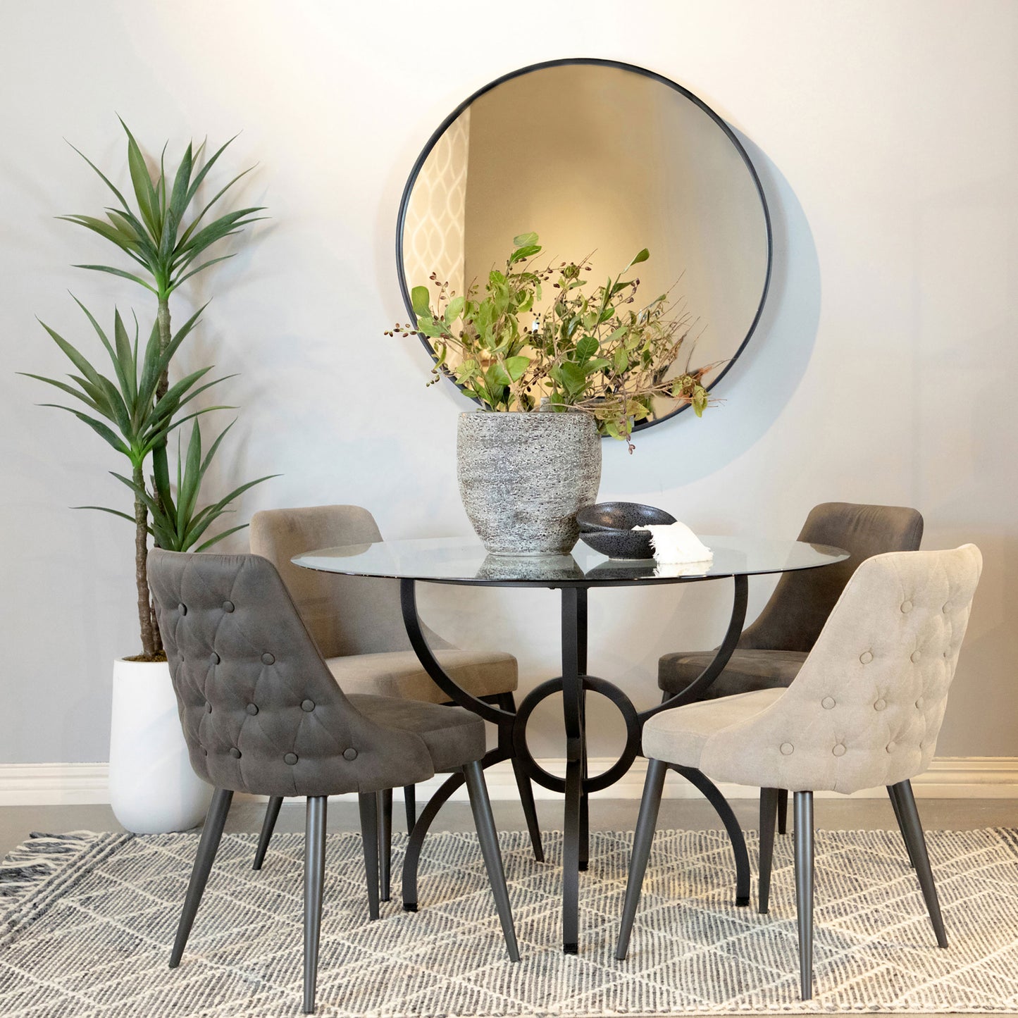 Lunaro 48-inch Round Glass Dining Table with Sculptural Gunmetal Base