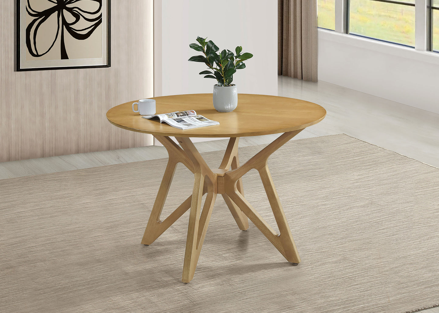 Elowen 42-inch Round Light Walnut Dining Table with Sculptural Wood Base