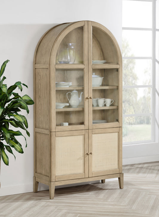 Marbella Vitrine Cabinet with Glass Doors and Cane Storage Beige Oak