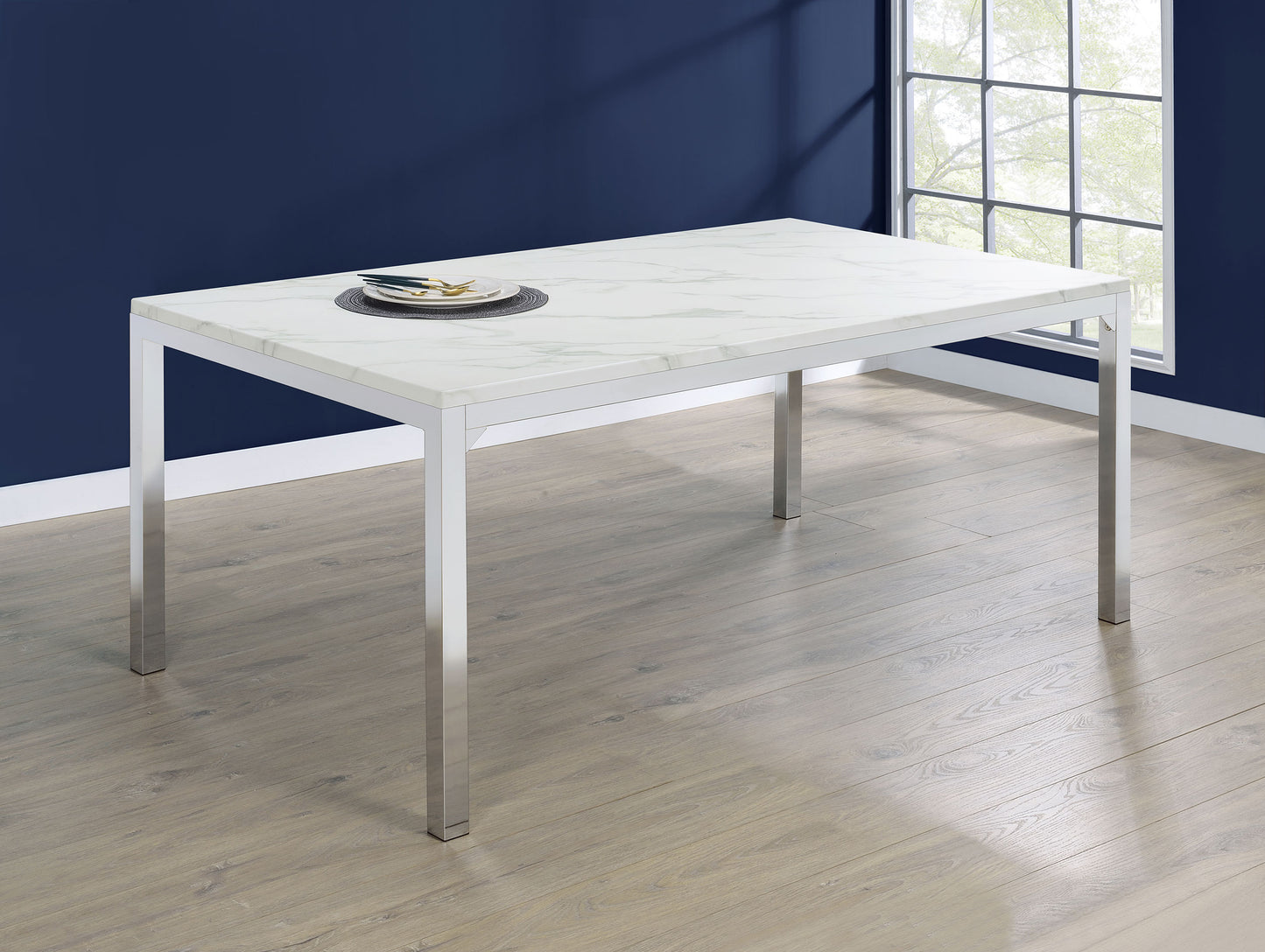 Athena Rectangular 64-Inch Faux Marble Dining Table – Chrome
