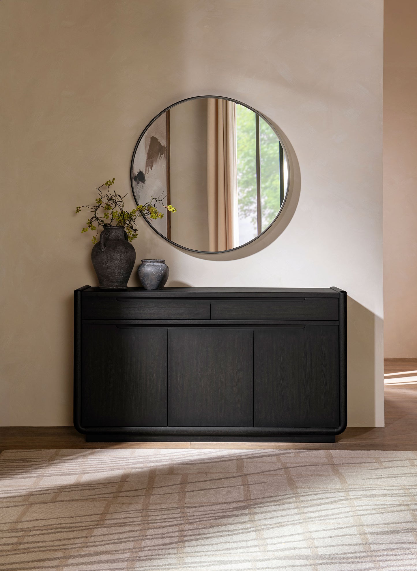 Valmere Sculpted 3-Door Sideboard with Drawers – Burnished Black