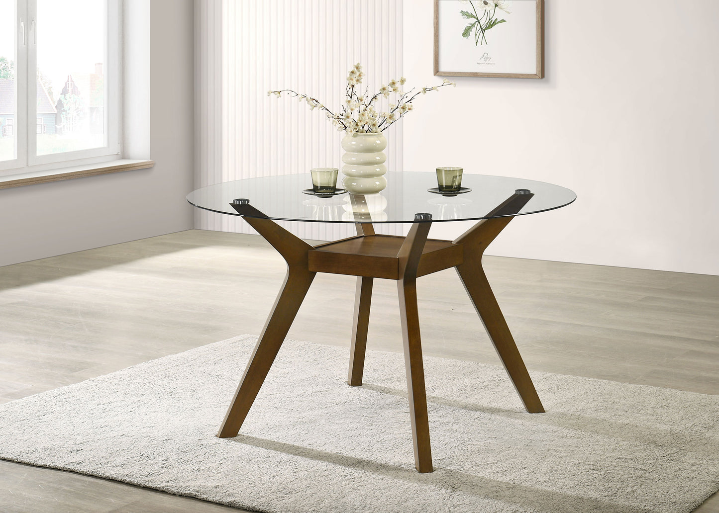Modern Round Glass Dining Table with Geometric Wood Base