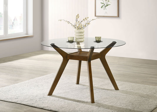 Modern Round Glass Dining Table with Geometric Wood Base