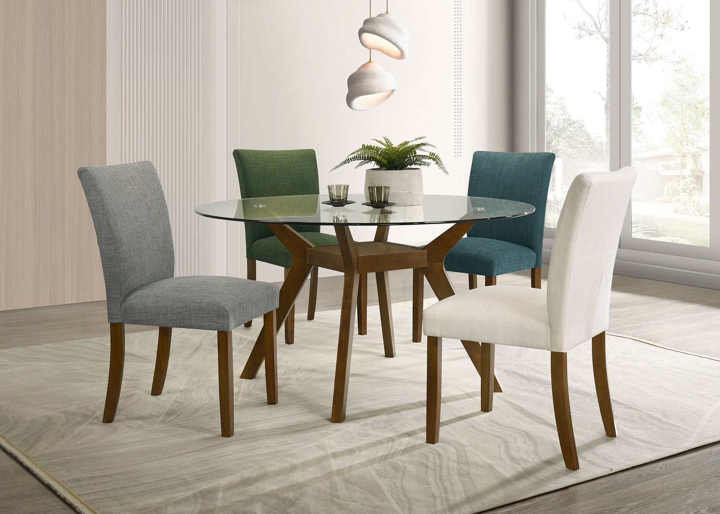 Modern Round Glass Dining Table with Geometric Wood Base