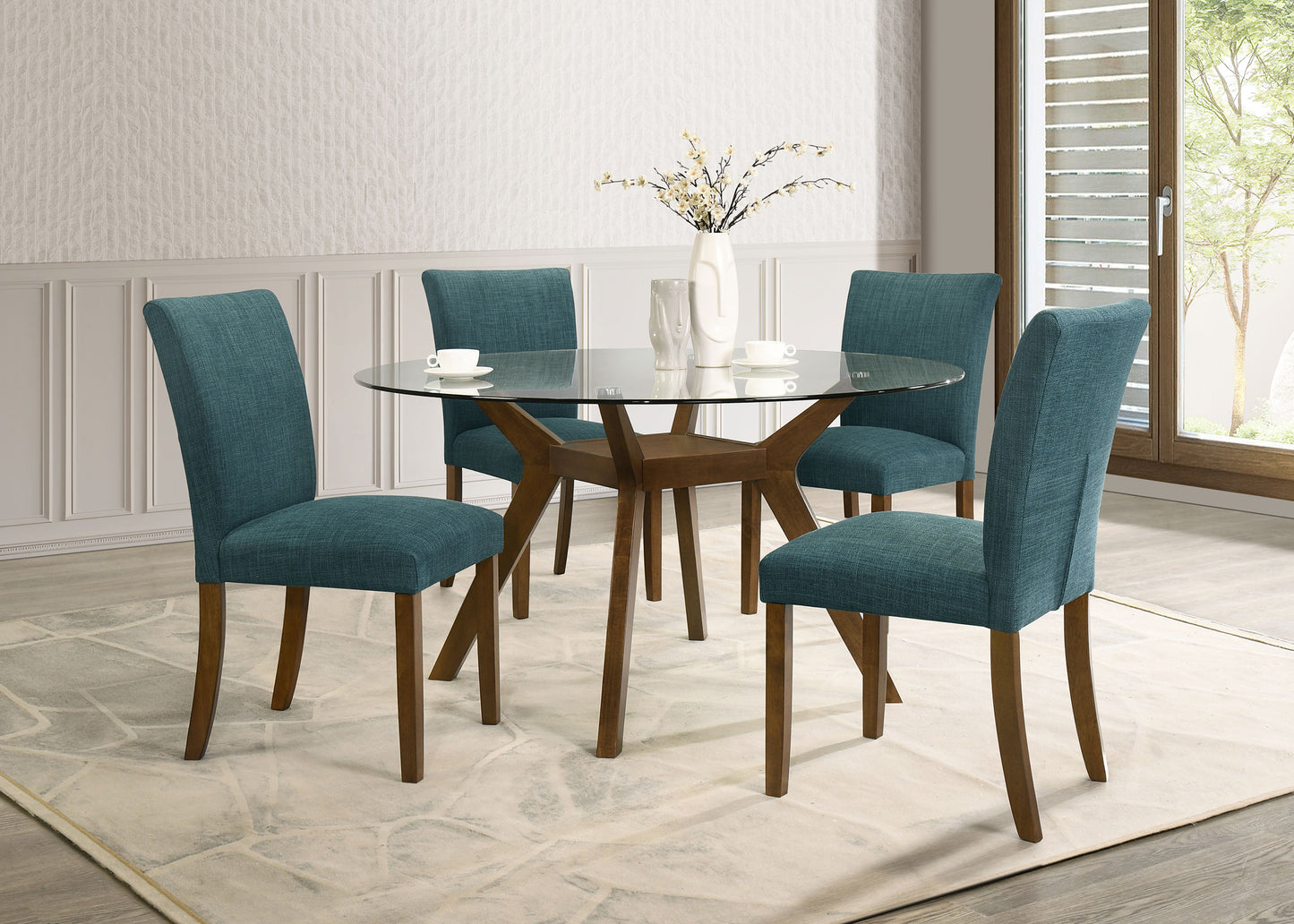 Modern Round Glass Dining Table with Geometric Wood Base