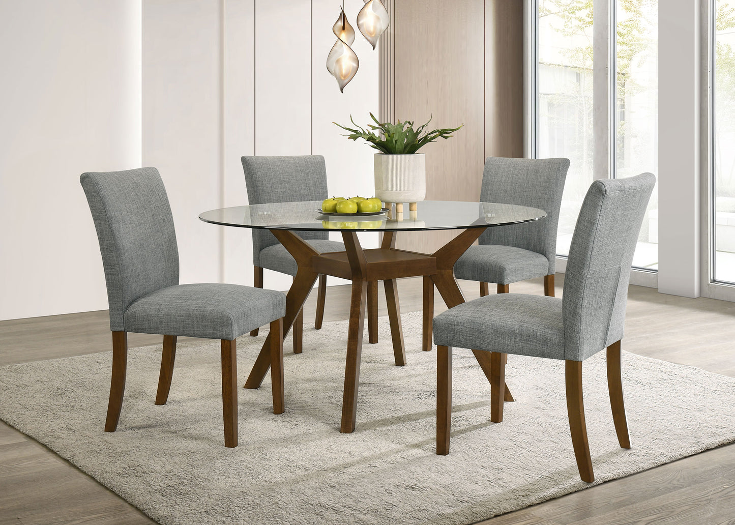 Modern Round Glass Dining Table with Geometric Wood Base