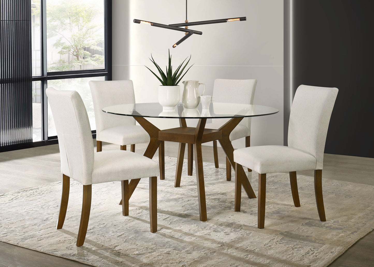 Modern Round Glass Dining Table with Geometric Wood Base