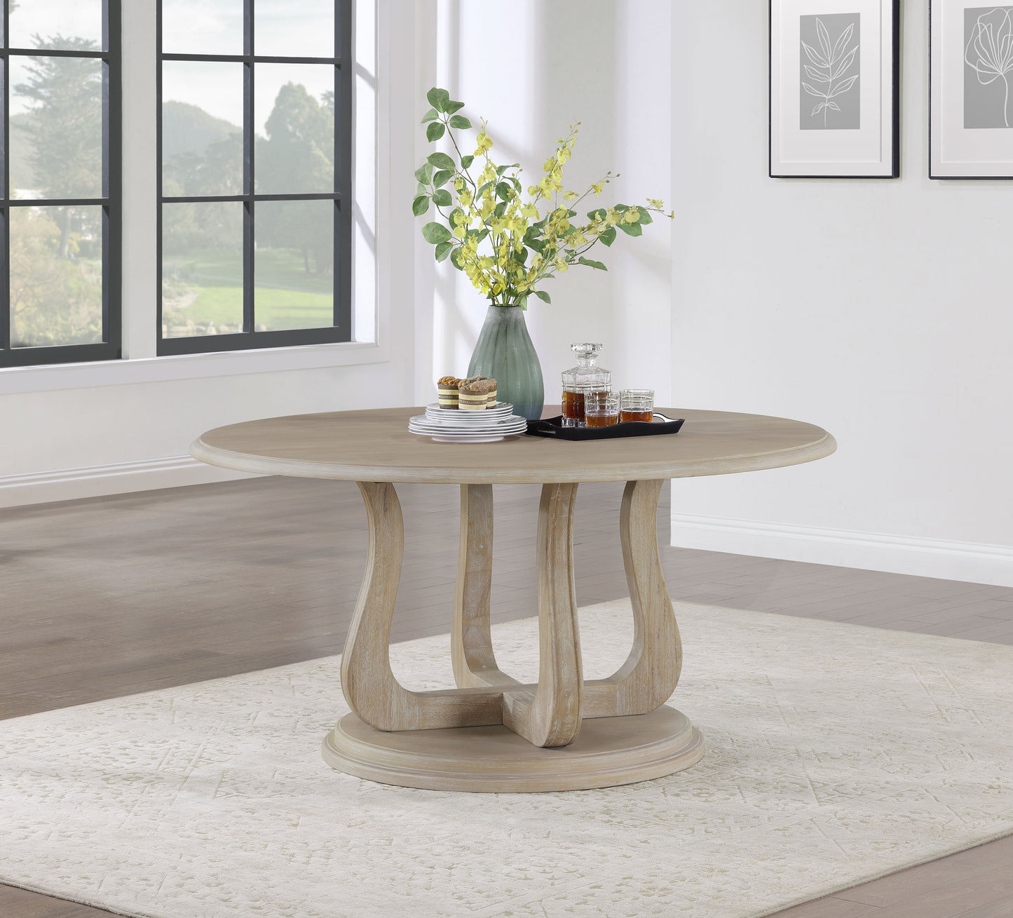 Lorien 60” Round Pedestal Dining Table in White Washed Finish