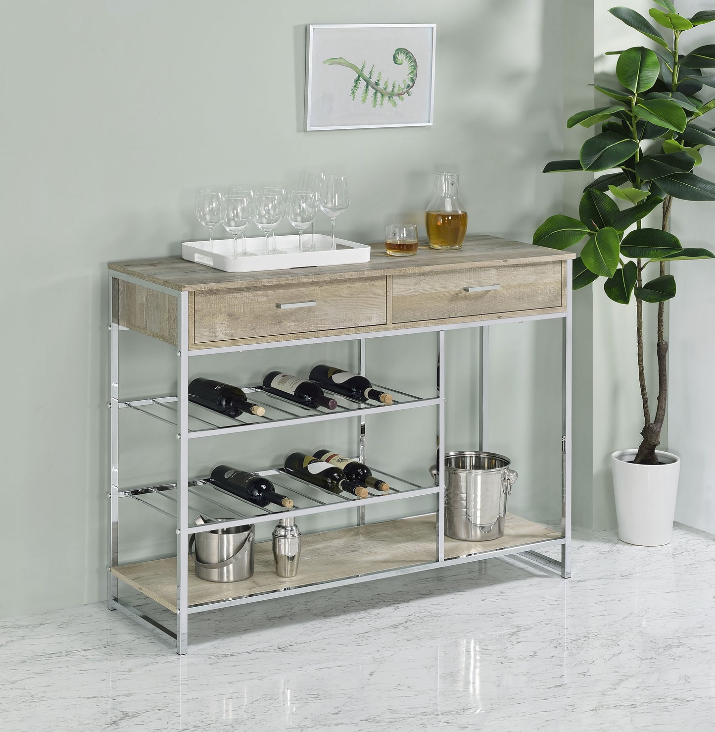 Brixton Vale 2-Drawer Bar Cabinet with Wine Storage Grey Oak