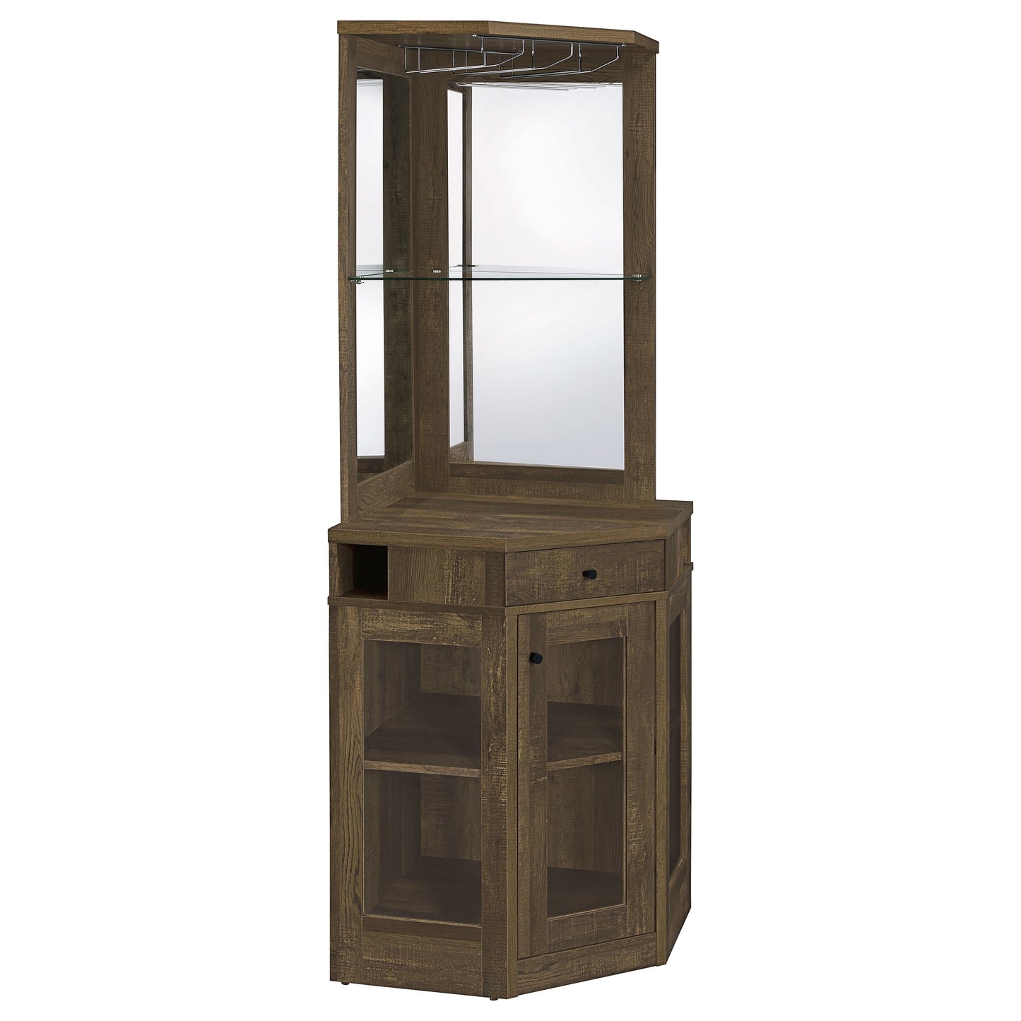 Alviso 1-Drawer Corner Wine Cabinet – Rustic Oak