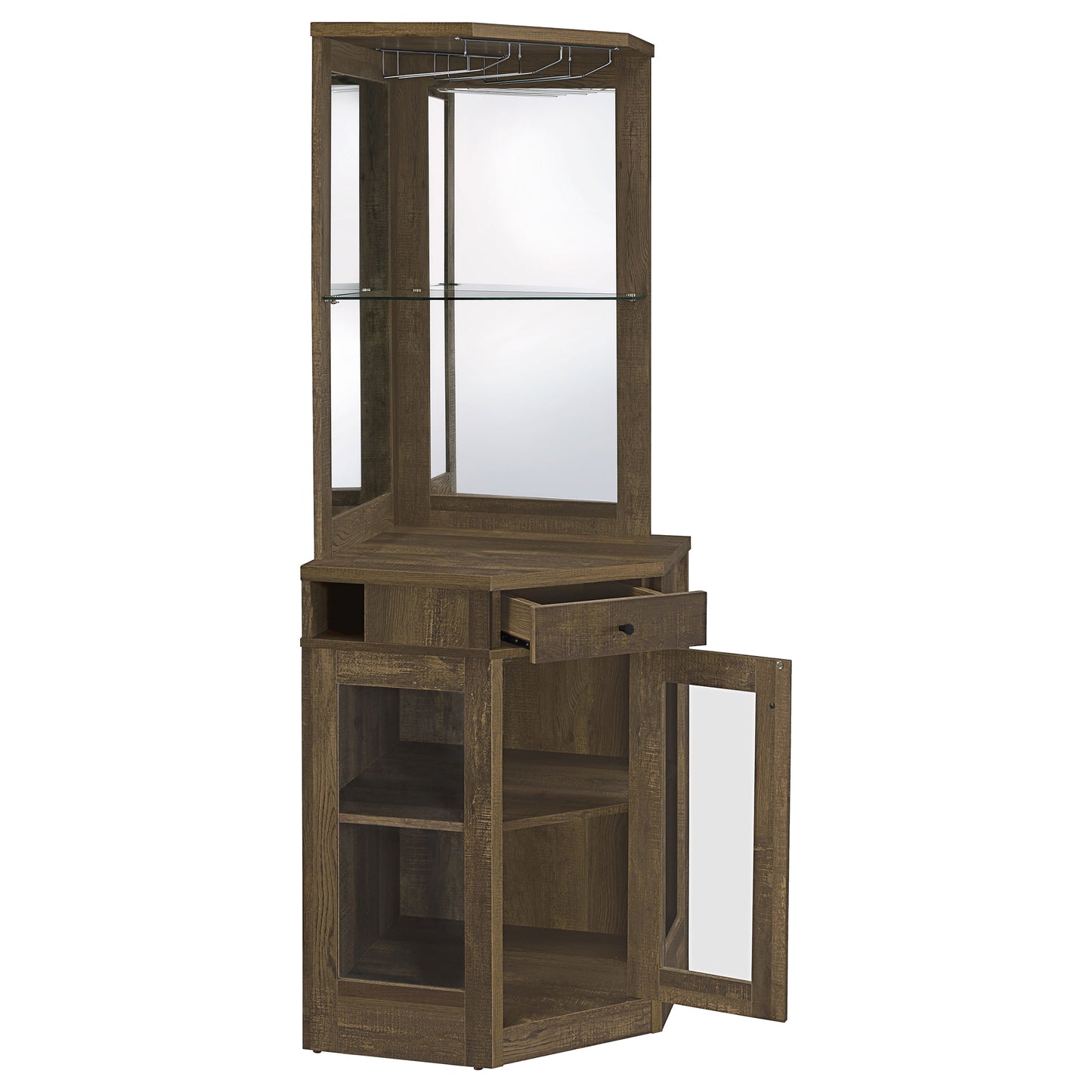 Alviso 1-Drawer Corner Wine Cabinet – Rustic Oak