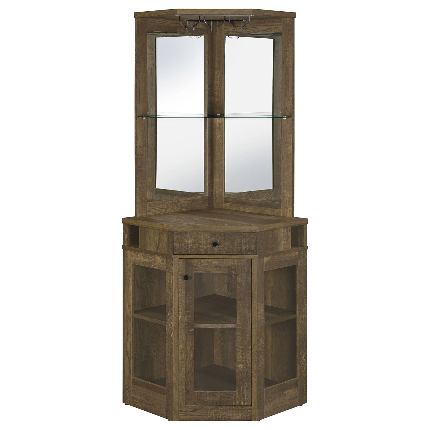 Alviso 1-Drawer Corner Wine Cabinet – Rustic Oak