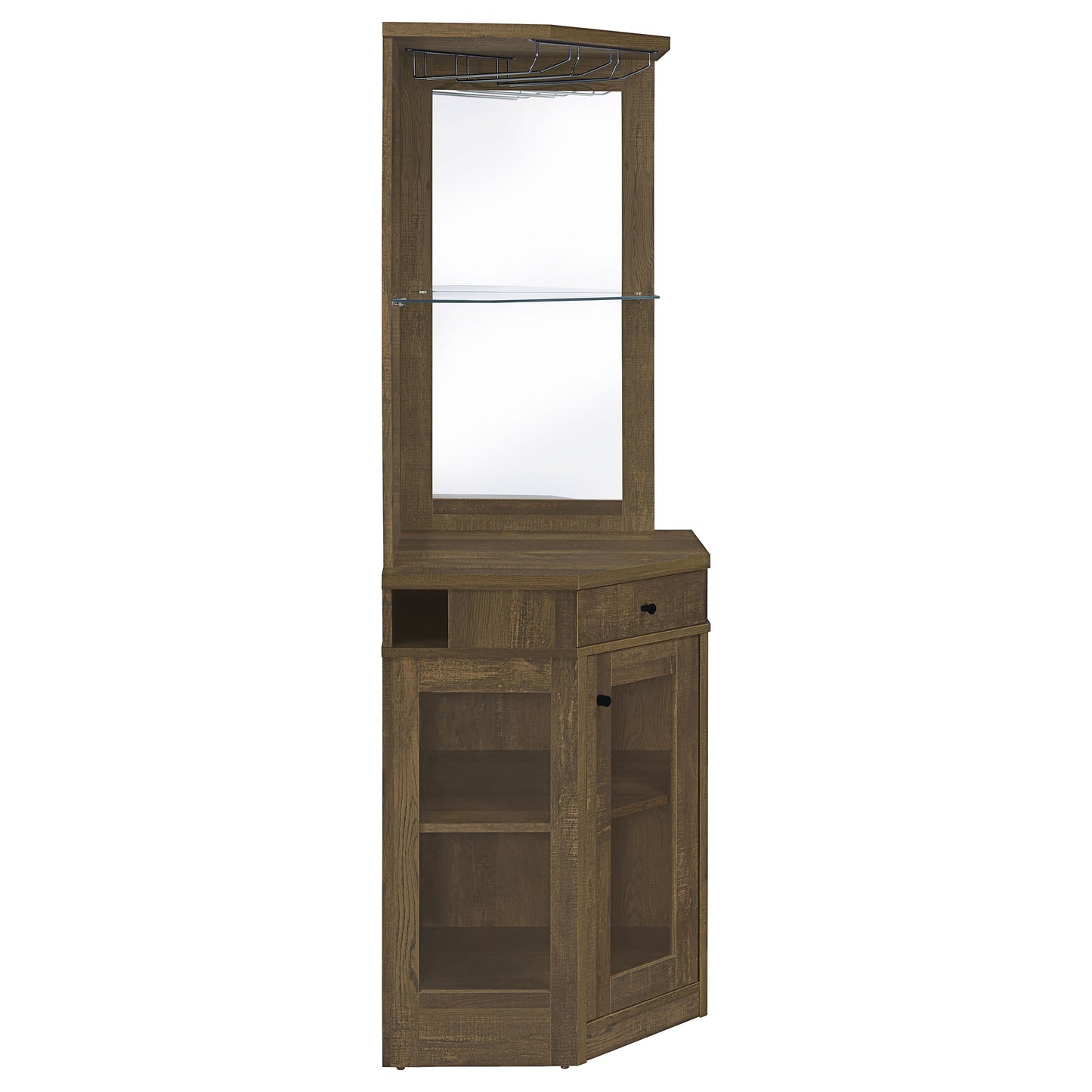 Alviso 1-Drawer Corner Wine Cabinet – Rustic Oak