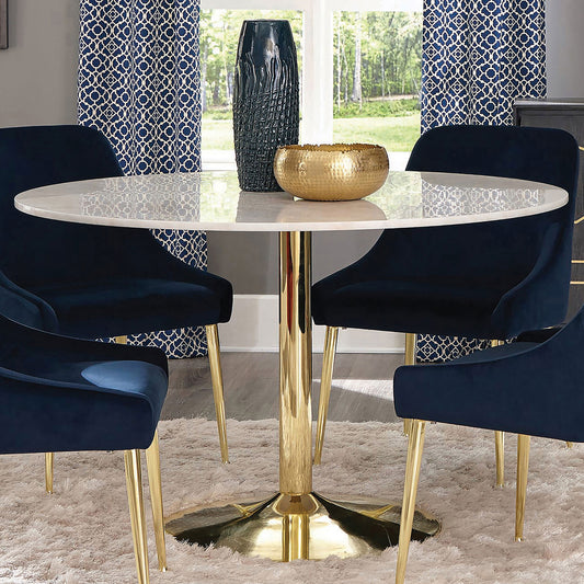 Bellamy 50” Marble Pedestal Dining Table – White & Brass