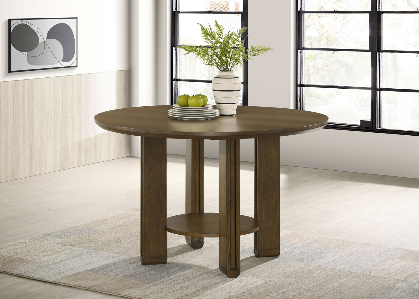 Drexen™ 47” Round Wood Dining Table with Open Shelf in Rich Brown