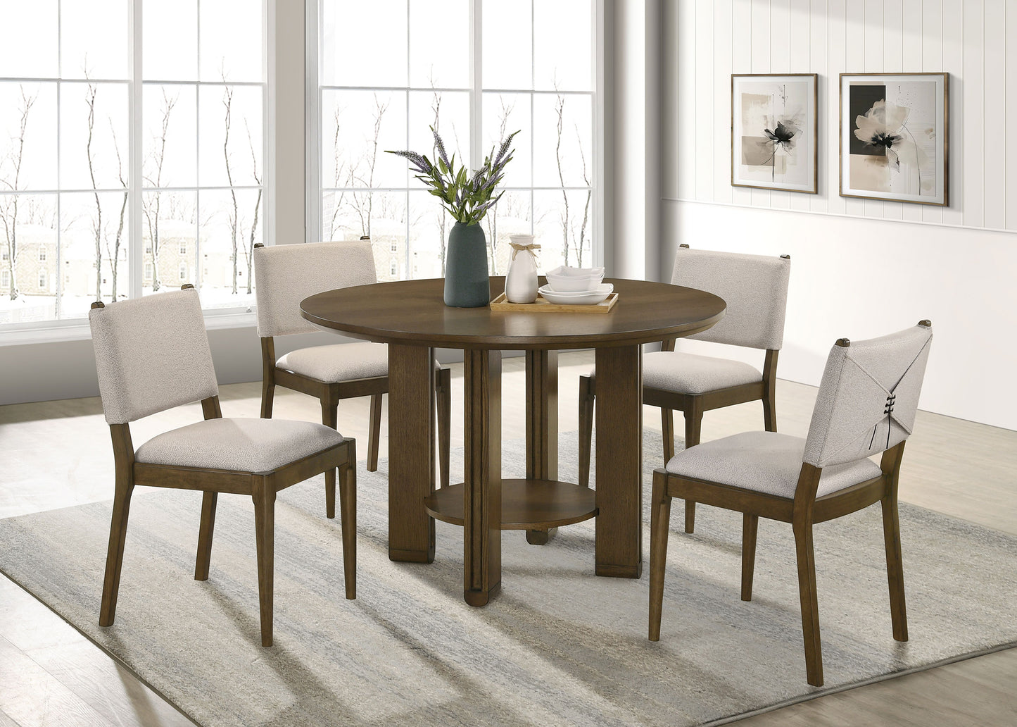 Drexen™ 47” Round Wood Dining Table with Open Shelf in Rich Brown