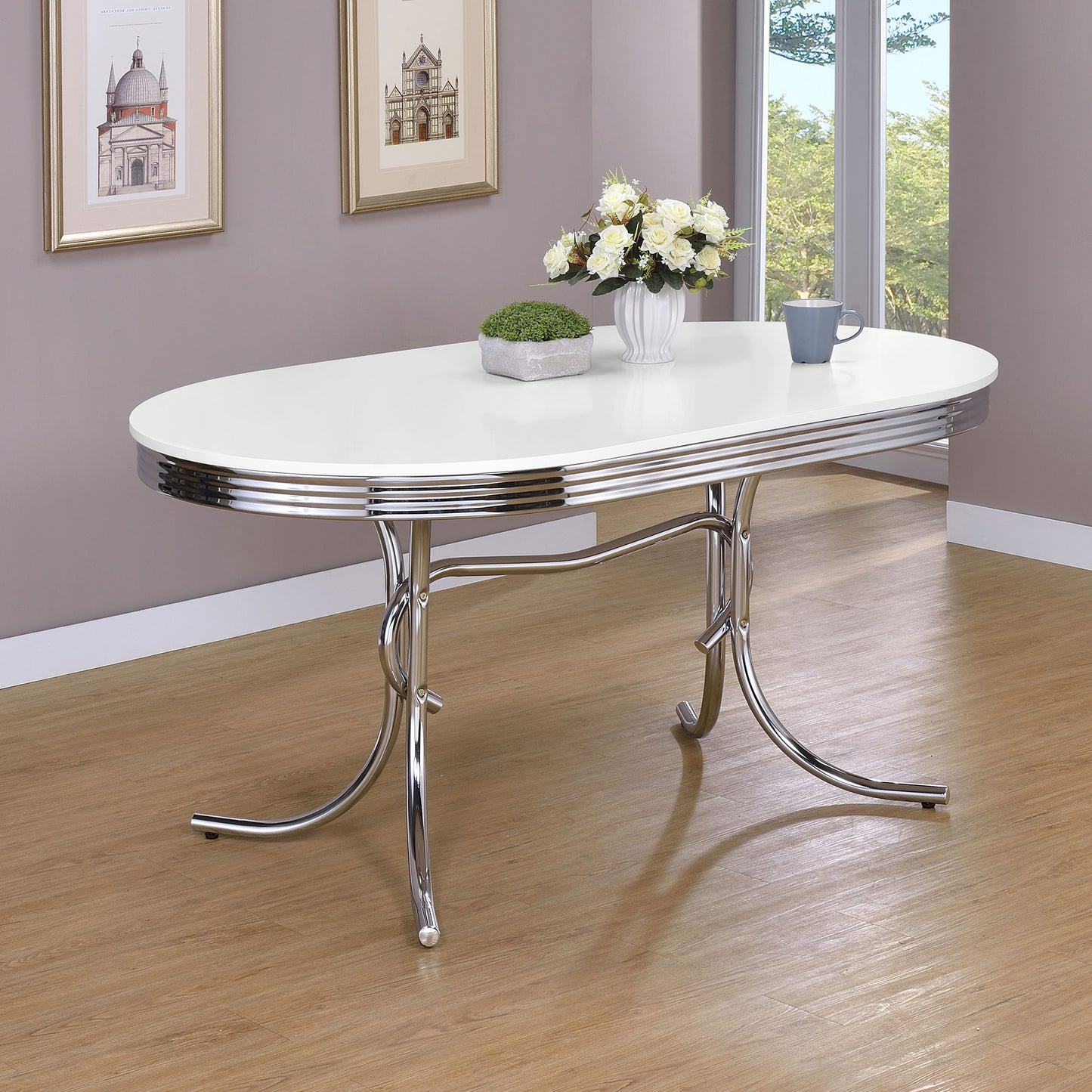 Fenton Retro-Inspired 60" Oval Dining Table – White & Chrome