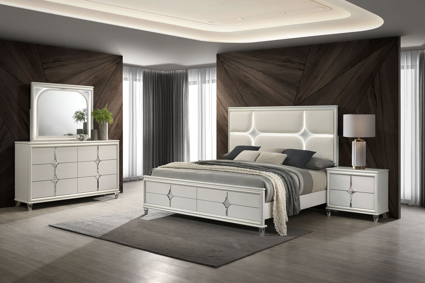 Celestira 4-Piece Queen Bedroom Set Pearl White with LED Accents