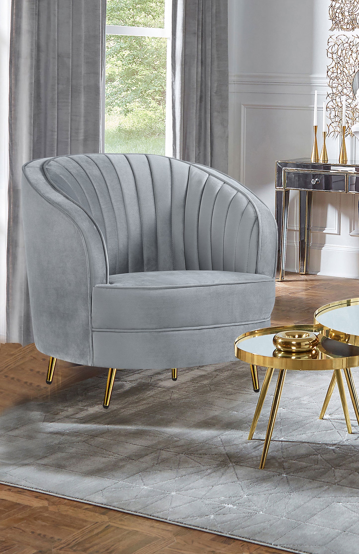 Sophia Plush Channel-Tufted Swivel Chair – Grey