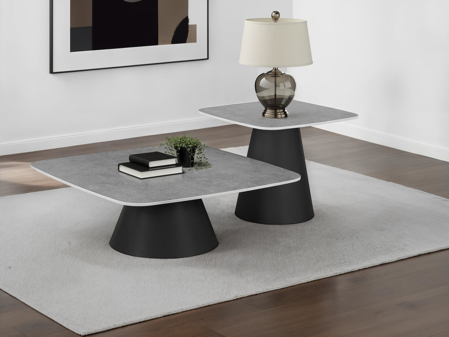 Eason Modern 2-Piece Coffee & Cocktail Table Set – Concrete & Black
