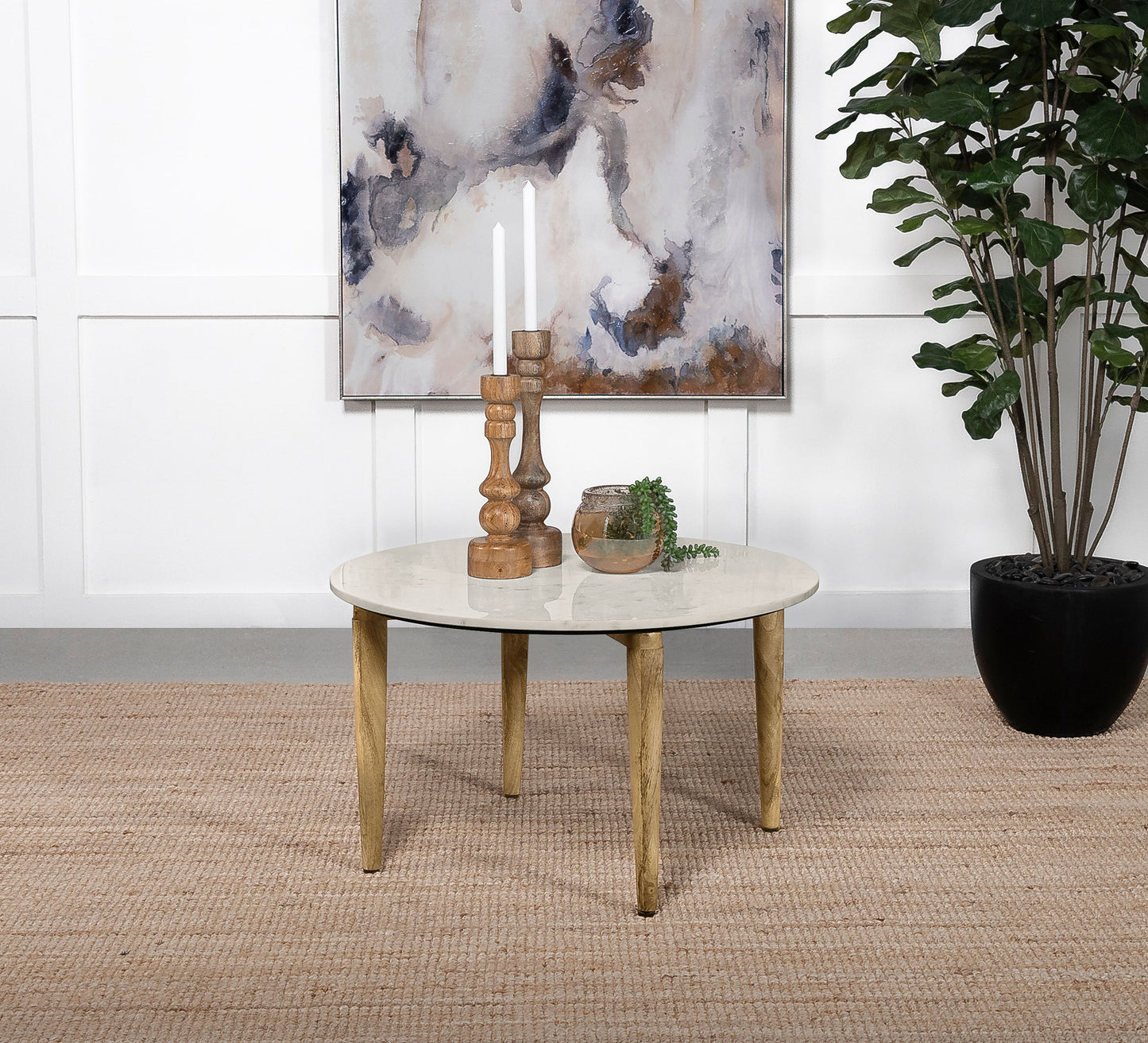 Aldis White Marble Round Coffee Table with Natural Wood Base