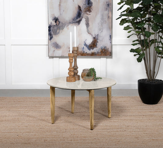 Aldis White Marble Round Coffee Table with Natural Wood Base