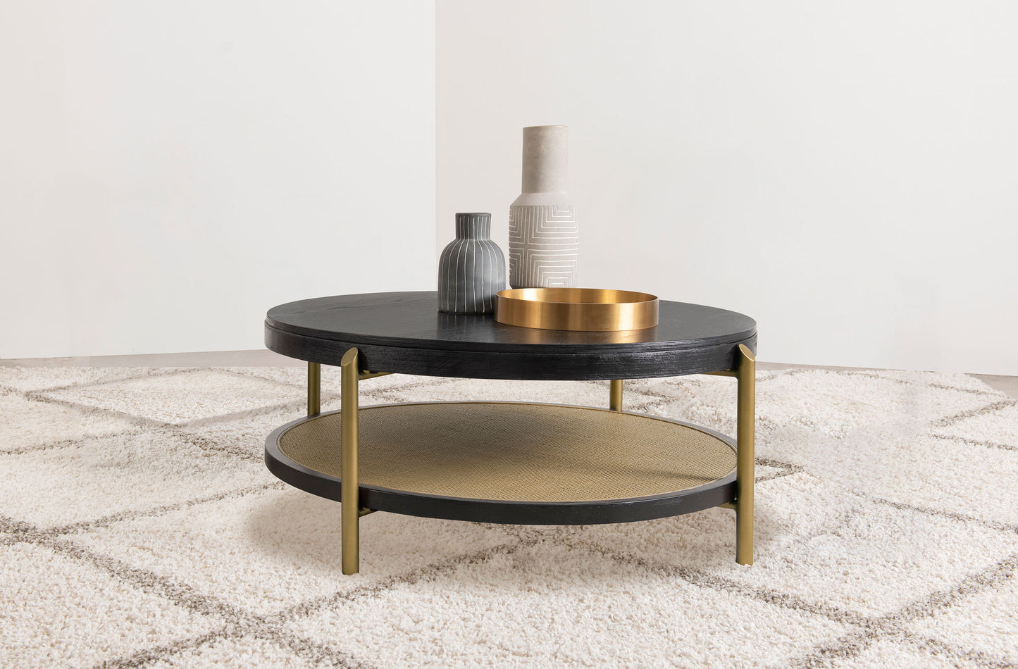 Arini Round Coffee Table with Storage Shelf – Black Finish