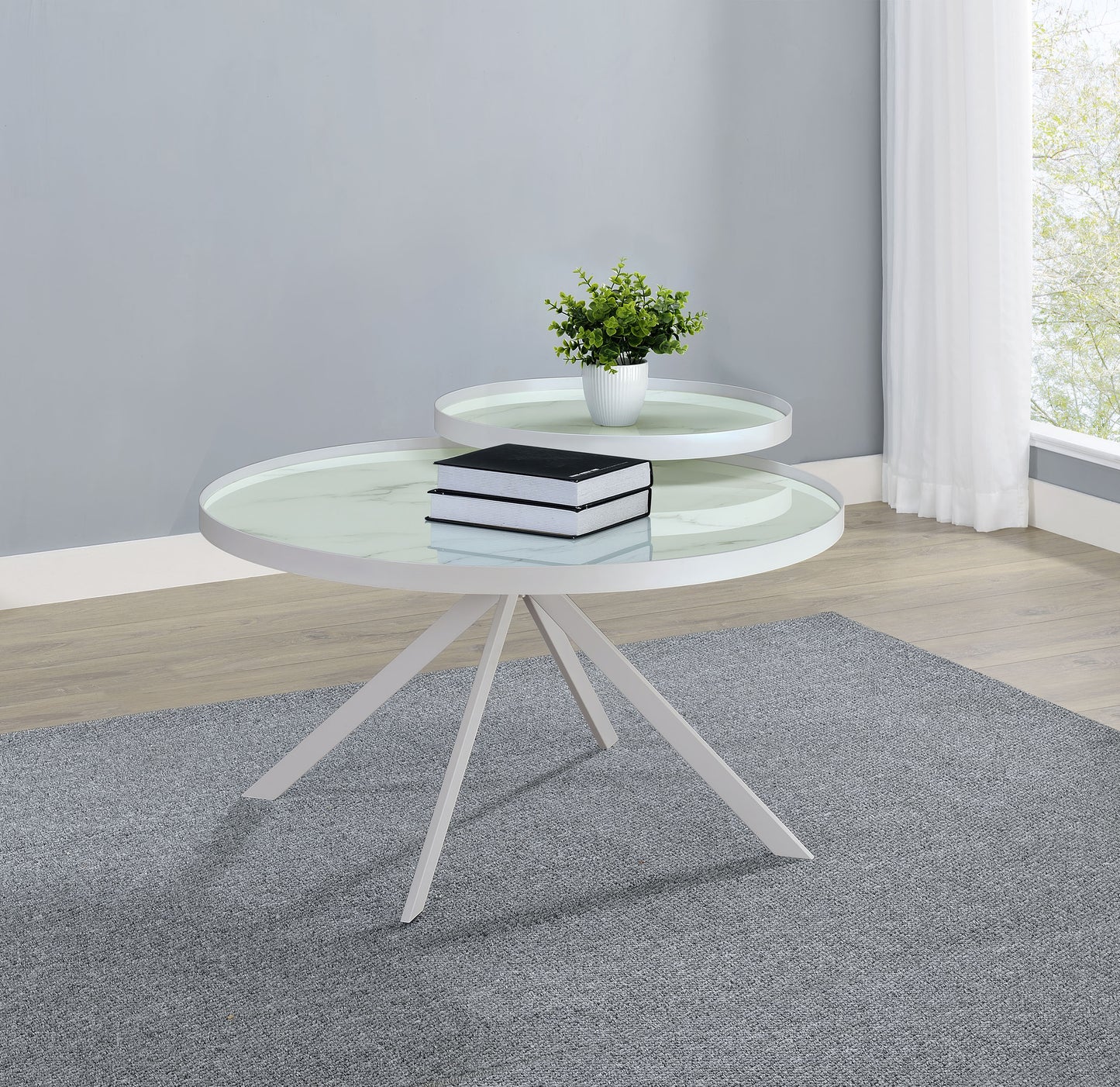 Briggs Round Marble Printed Glass Top Coffee Table – White